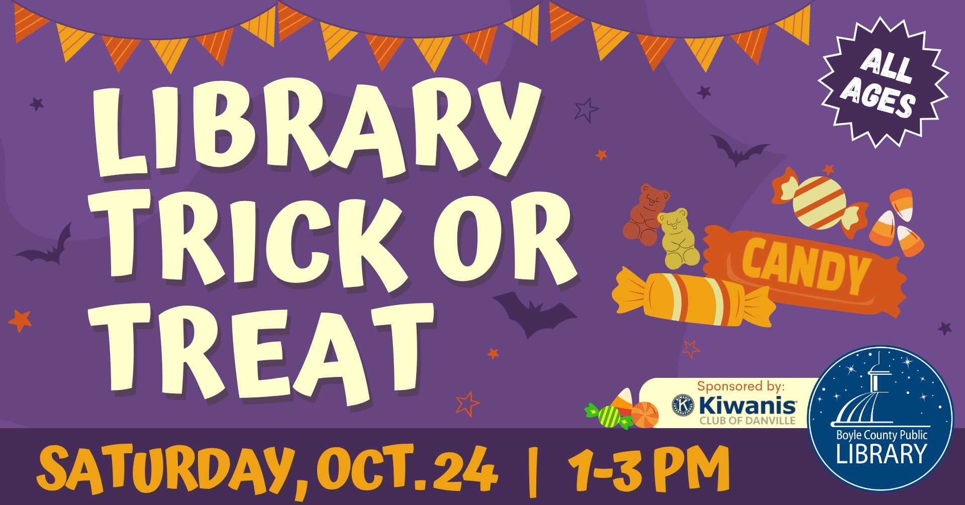 Library Trick or Treat on Saturday October 24 from 1-3 PM sponsored by Kiwanis Club of Danville