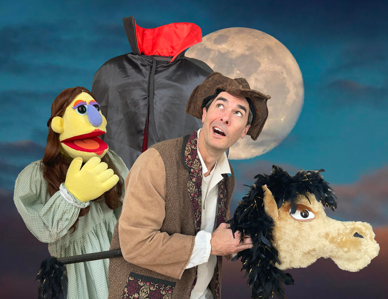 Picture of Ichobod Crane on a puppet Horse, with two other puppets