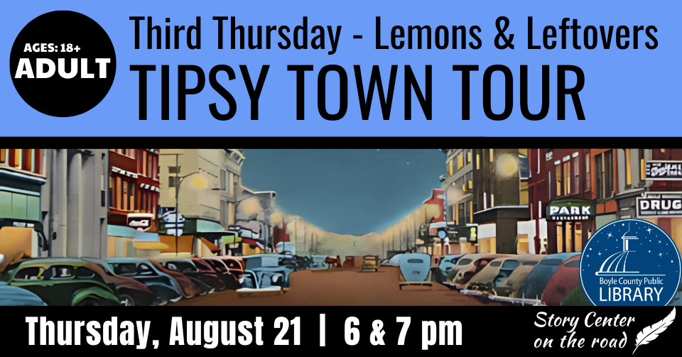 tipsy town tour promotion with image of cars on Main Street