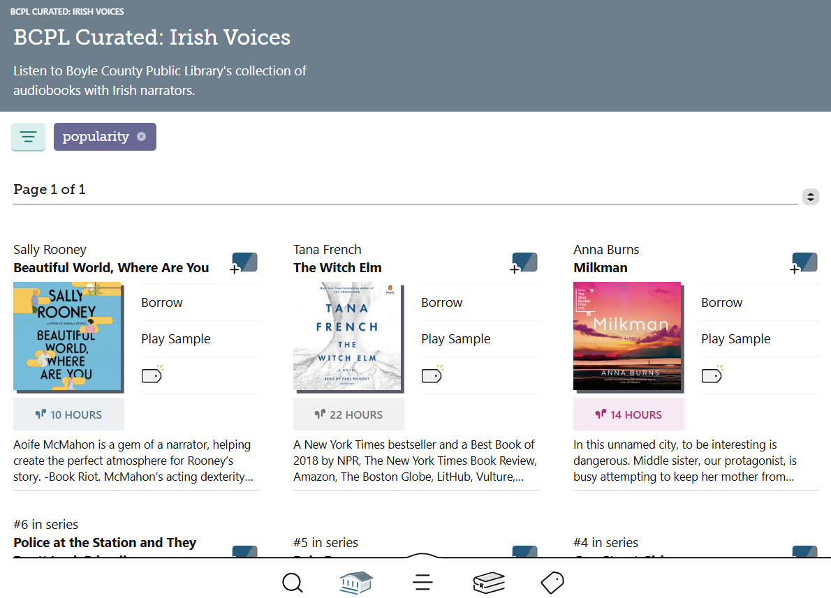 A screenshot of titles from Libby with Irish narrators.