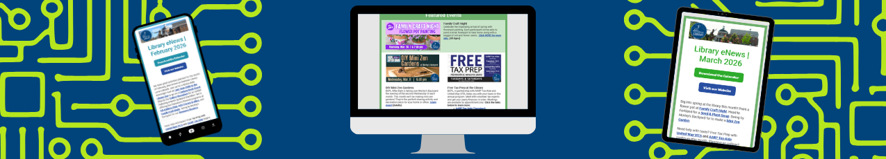 Library eNews on smartphone tablet and laptop blue background green circuit board